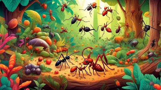 A detailed illustration of various ants gathering different types of food in a vibrant, colorful forest ecosystem, showcasing their diverse nutrition sources.