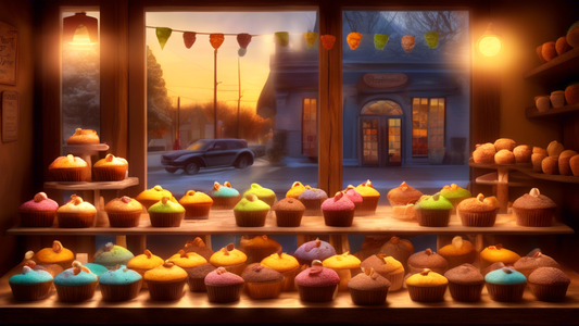 Digital illustration of a quaint, rustic bakery display window, with a variety of colorful muffins decorated with edible sugar mantises, under the warm glow of early morning light, showcasing an inviting atmosphere of culinary creativity.