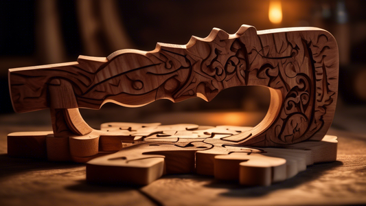 An intricately carved wooden puzzle in the shape of a saw, set against the backdrop of a dimly lit, atmospheric workshop.