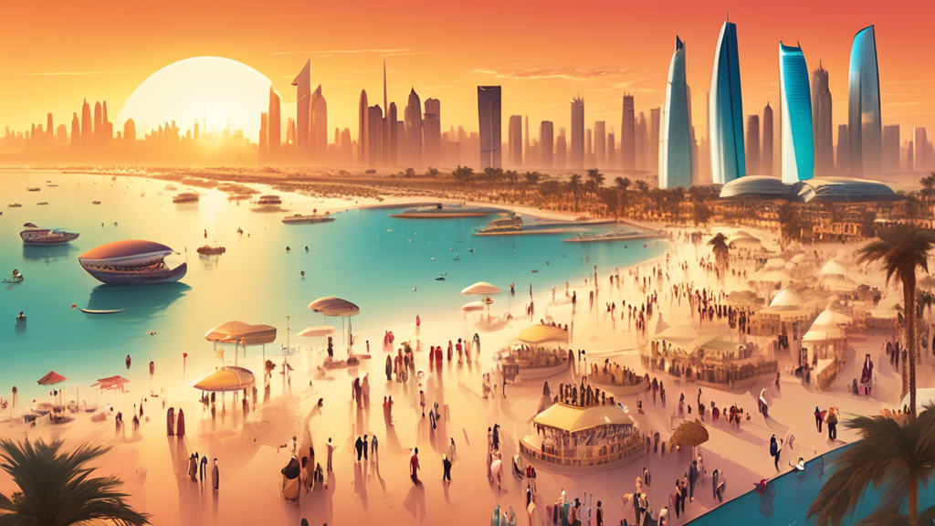 An aerial view of a bustling, futuristic city skyline in Qatar, with a foreground of diverse tourists exploring cultural landmarks and pristine beaches under a radiant sunset.