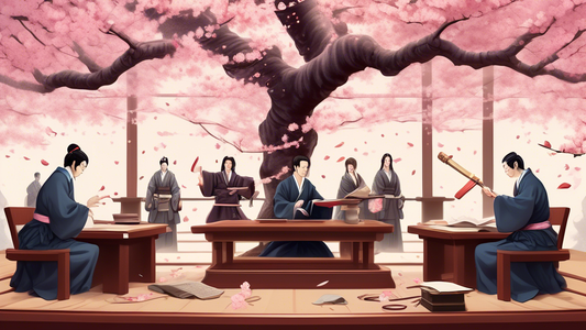 Digital artwork showcasing a traditional Japanese courtroom interwoven with mystical elements, where modern lawyers and ancient samurai debate beneath cherry blossom trees, surrounded by enigmatic legal scrolls and symbols.