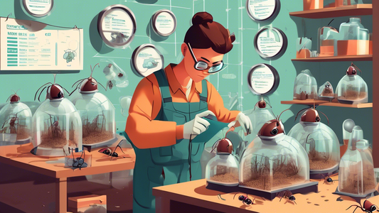 Digital illustration of a person carefully tending to an ant farm, surrounded by protective gear and magnifying glasses, with safety signs and a list of tips in the background.