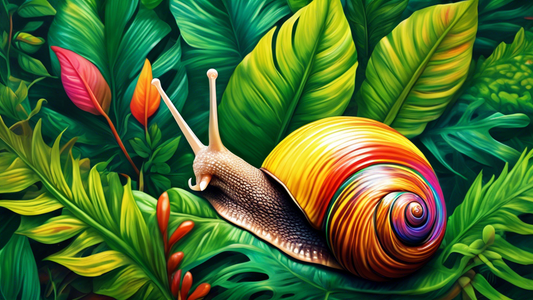 A vibrant illustration of a snail with a colorful shell traversing the lush green leaves of a rainforest.