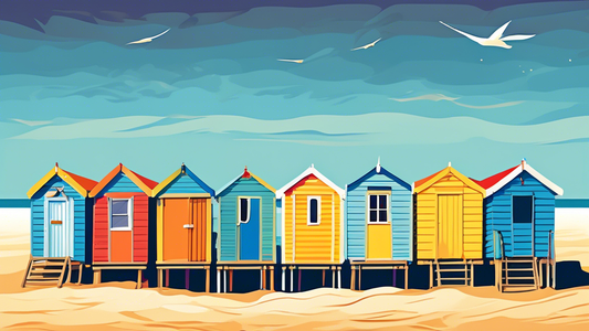 Vibrant and colorful beach huts lined up along the sandy Norfolk coast under a bright summer sky, with the sea gently lapping at the shore in the background