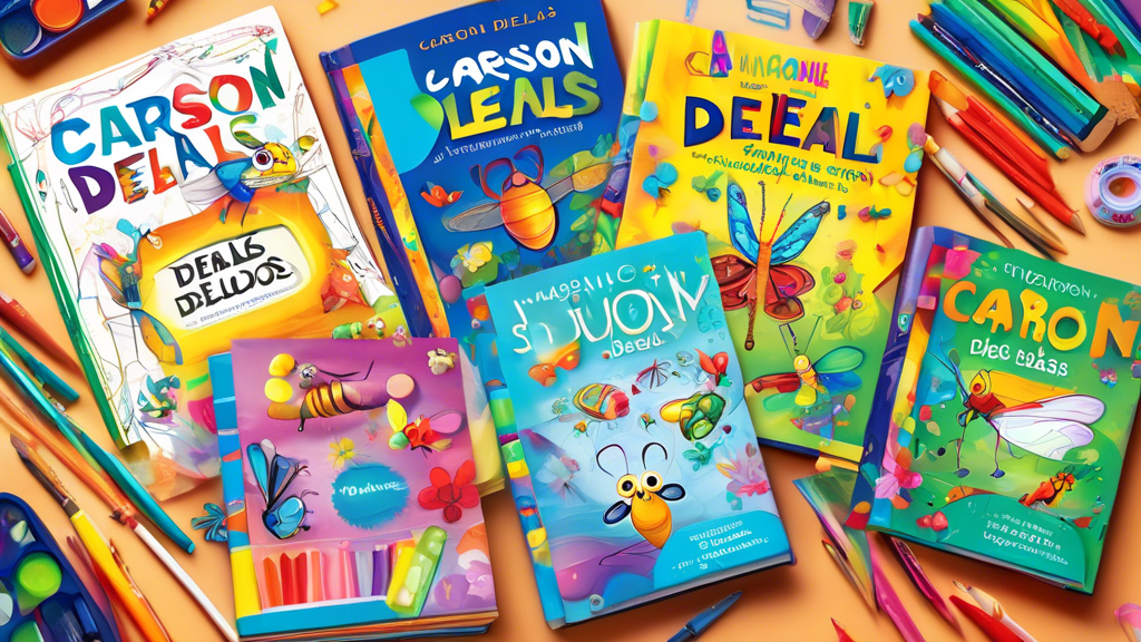 A stack of colorful workbooks and educational games with the text Carson Dellosa and Educational Deals in a playful font, surrounded by school supplies like crayons, scissors, and glue.