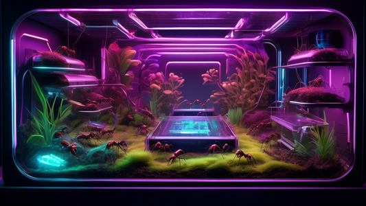 An intricate, futuristic ant farm with neon lighting housing a diverse ant community, showcasing advanced technological enhancements and innovative farming methods, set in a lush, digital environment.