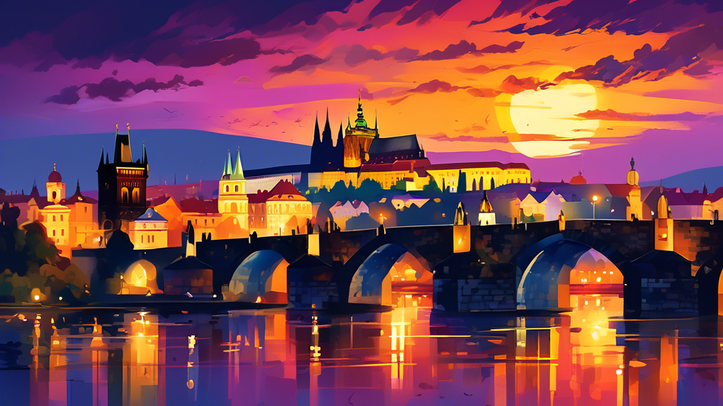 Create a vibrant illustration showcasing the stunning architecture of Prague, Czech Republic, with the Charles Bridge in the foreground and the Prague Castle illuminated by the golden light of sunset in the background.