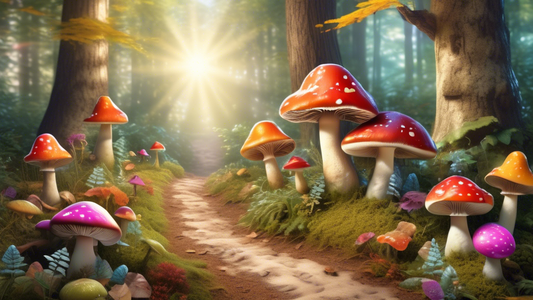 A whimsical woodland scene with a path lined with colorful mushrooms, cheerful snails wearing tiny hats, and sunbeams filtering through the trees