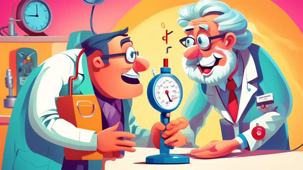 A cartoon doctor examining a surprised patient with a giant, friendly sphygmomanometer character in the background, debunking myths about high blood pressure, in a colorful, whimsical setting.