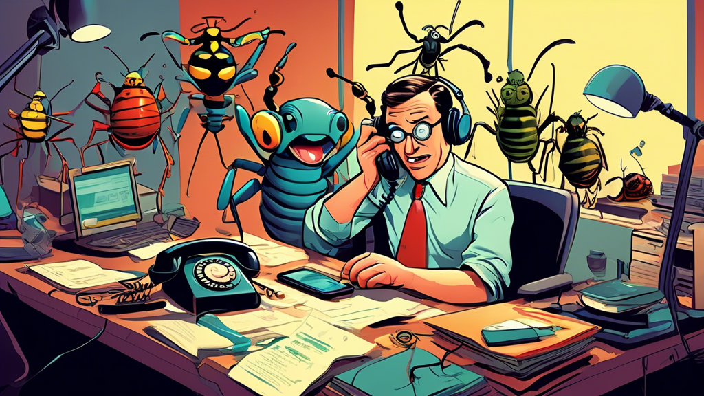 A comical illustration of a person sitting at a desk with oversized insects wearing business attire attempting to hand them reports and talk on phones, while the person calmly sets up a 'Do Not Disturb' sign and puts on noise-cancelling headphones.
