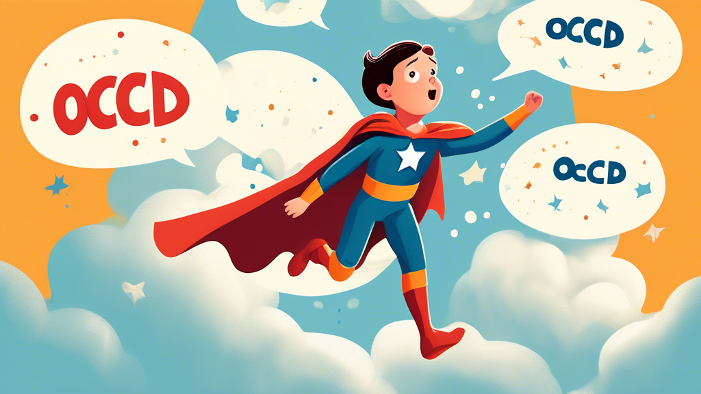 A child superhero with a cape that says OCD, flying above a worried-looking child who is surrounded by thought bubbles