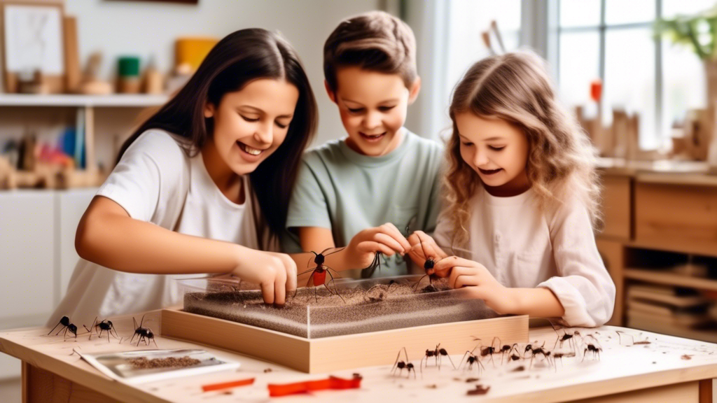 An enthusiastic family creating an ant farm at home using a DIY guide, with an open book on the table and all the materials neatly arranged, in a bright and inviting craft room setting.