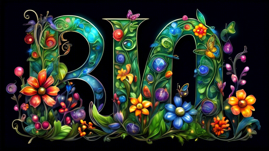 Whimsical letters of the alphabet formed from glowing flowers, sparkling dewdrops, and curled leaves in an enchanted forest.