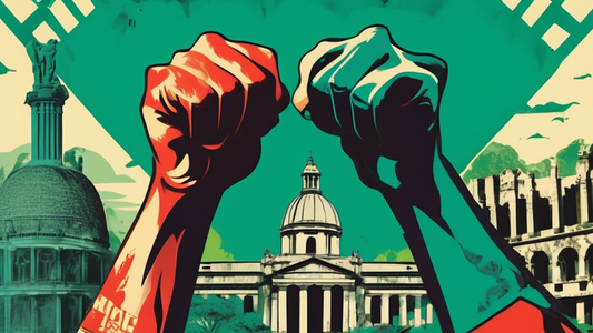 Two fists, one styled with 1950s imagery and the other with modern-day imagery, clashing in a struggle for power against a backdrop of crumbling historical monuments.