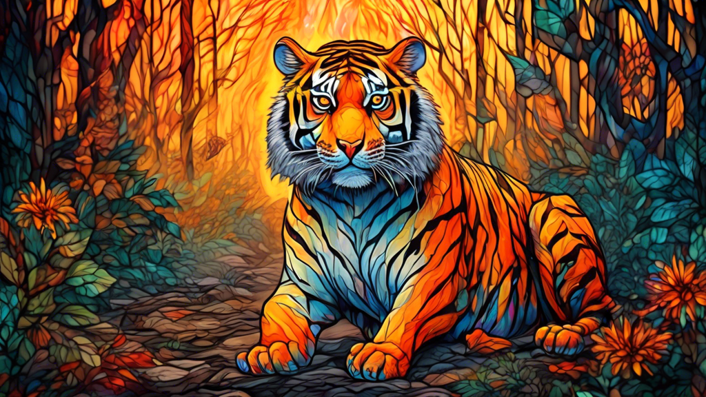 A lone majestic tiger with sorrowful eyes, trapped within the shrinking boundaries of a burning forest, reaching out with a paw towards the viewer.