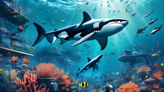 A futuristic underwater scene showcasing divers installing an advanced, orca-inspired shark deterrence system around a coral reef bustling with marine life.