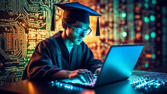 A determined young man with a graduation cap in his hand, coding on a futuristic laptop with binary code streaming in the background, surrounded by glowing circuit boards.