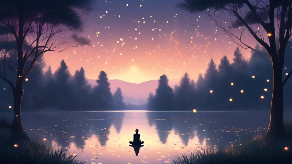 A serene landscape at twilight, with a solitary figure meditating by a tranquil lake, surrounded by whispering trees and softly glowing fireflies.