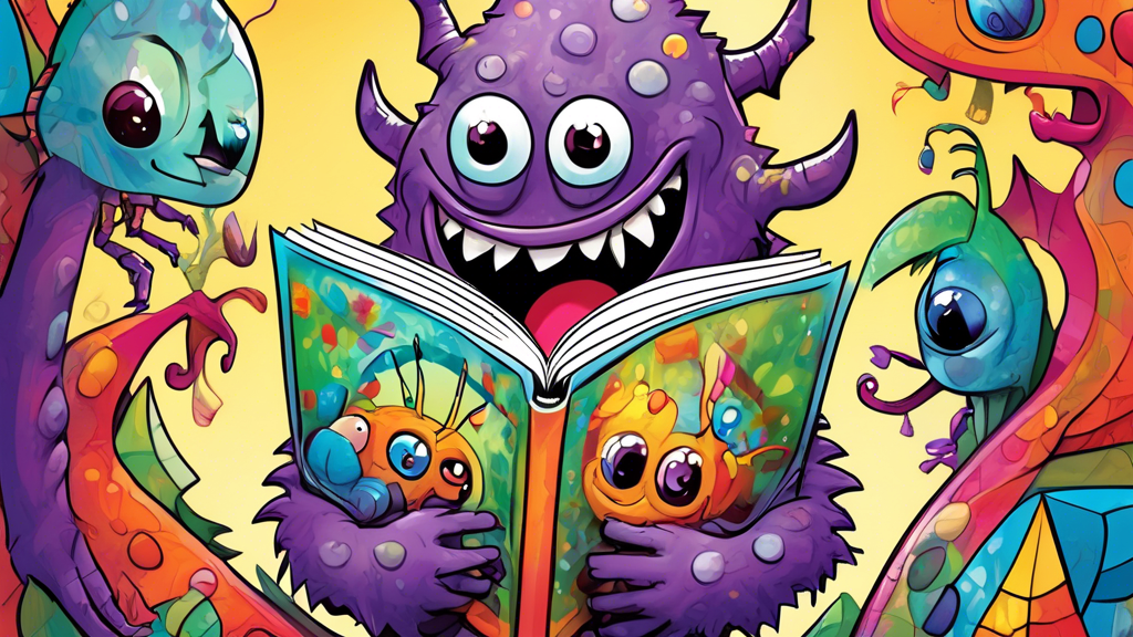 A friendly cartoon monster holding a colorful activity book titled Conquer Your Fears with a smiling child peeking over its shoulder.