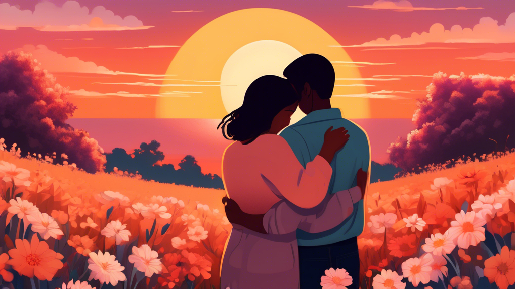 Two people embracing in a warm, comforting hug under a sunset sky, surrounded by blooming flowers, illustrating a sense of unity and fulfillment.