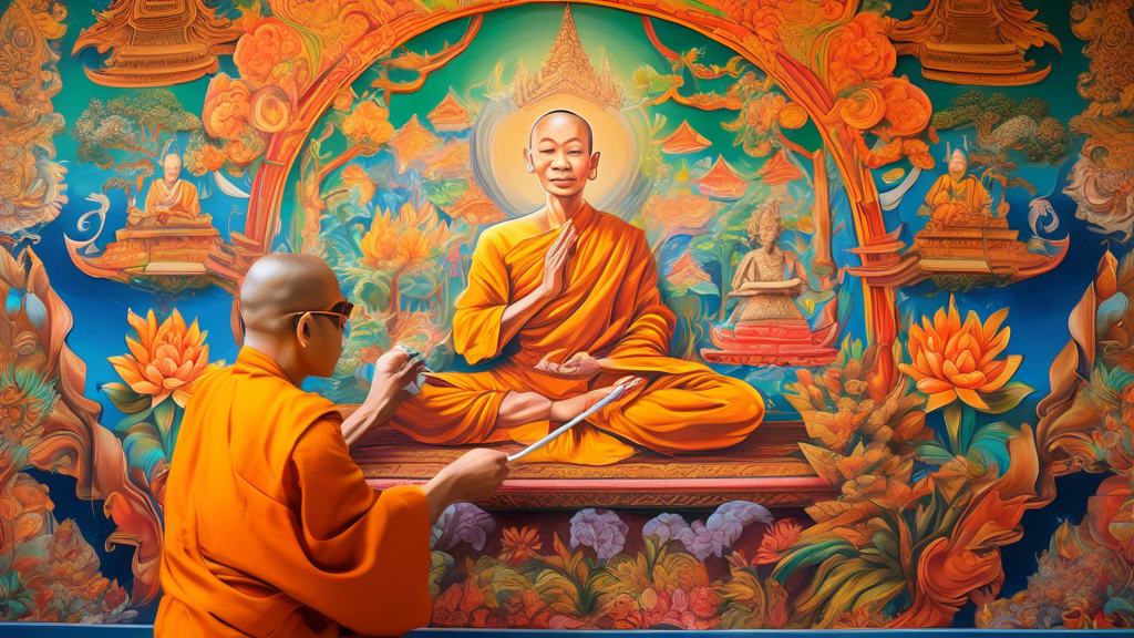 A Thai monk painting a mural on a temple wall, intricate details, vibrant colors