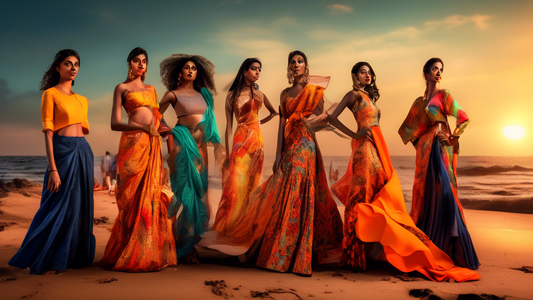 Artistic visualization of a diverse and dynamic modelling portfolio photo shoot on a vibrant Mumbai beach at sunset, capturing a fusion of traditional and contemporary fashion.