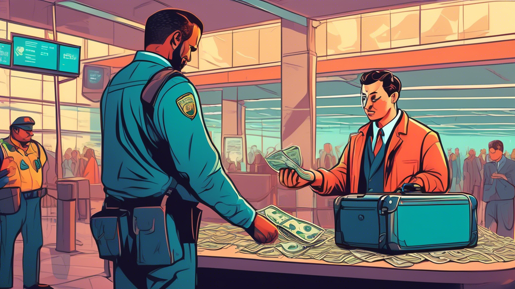 A traveler standing at an airport security checkpoint, carefully counting large sums of money from a suitcase, with a curious TSA agent looking on, illustrated in a detailed, colorful, digital art style.