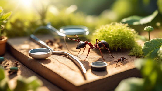 An artistic depiction of essential equipment for ant farming, including habitats, tweezers, and magnifying glass, arranged neatly on a desk with a soft-focus background of a lush garden, under a bright and sunny sky.