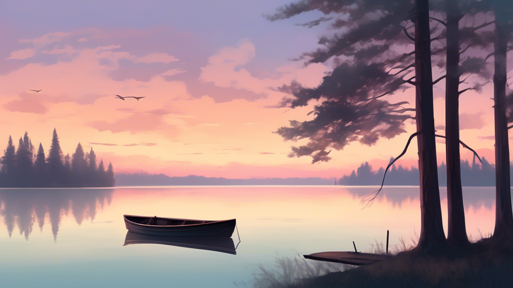 A serene sunset over a calm lake, with a lone wooden rowboat tied to a small dock, surrounded by silhouettes of tall trees under a pastel-colored sky signifying the end of the day.