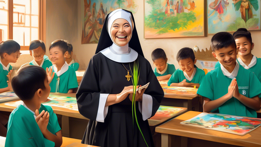 A nun wearing a habit smiles as she teaches children in a modern classroom setting