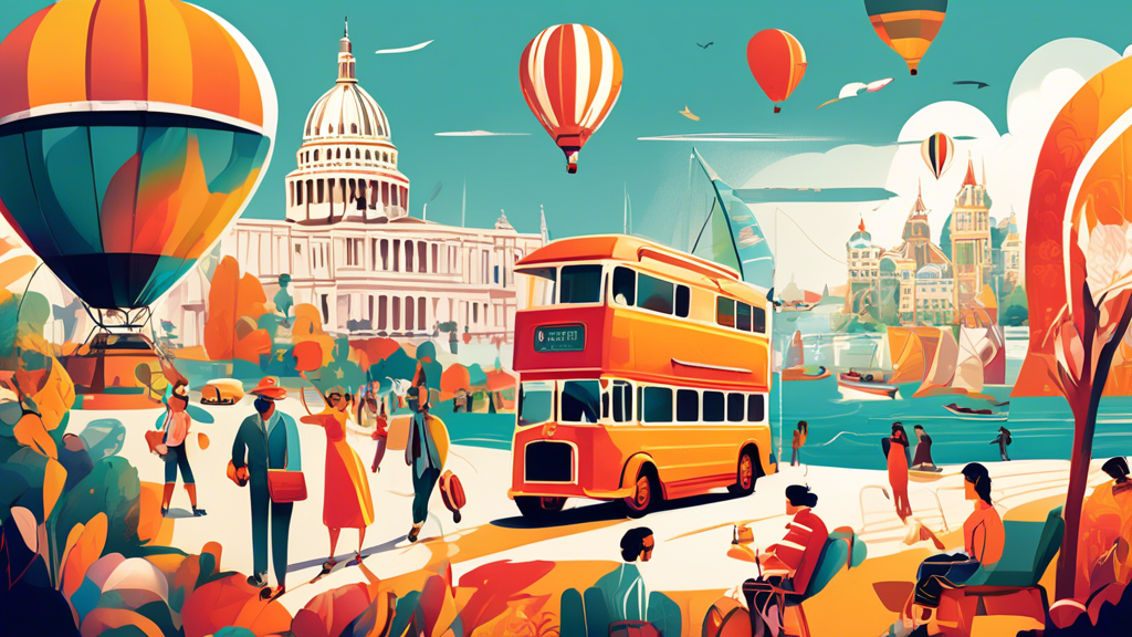 A colorful illustration of people happily exploring a variety of tour transport options, including a luxury bus, a vintage tram, a hot air balloon, and a small sailboat, with iconic landmarks in the background, embodying both style and comfort.