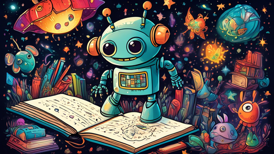 A robot hand holding a glowing pen, writing a children's book with whimsical illustrations of friendly monsters playing, surrounded by floating books and stars.