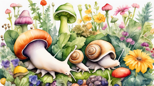 A whimsical watercolor painting of a lush garden filled with happy snails wearing tiny hats, exploring amongst giant flowers and vegetables