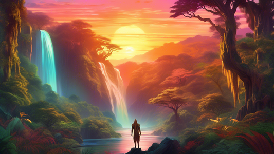 A majestic guardian spirit standing tall atop a vibrant, untouched waterfall oasis surrounded by lush, ancient forests teeming with wildlife, under a radiant sunrise.