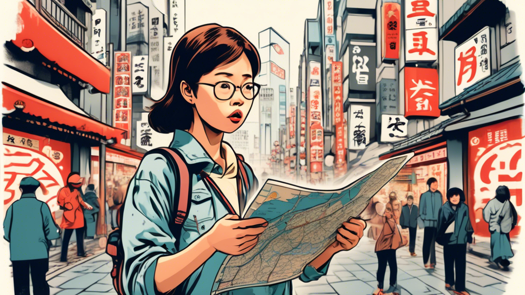 An illustration of a surprised tourist looking at a map surrounded by iconic Japanese symbols, with subtle visual cues indicating scams, in a bustling Tokyo street scene.