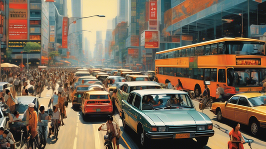 A detailed street scene during rush hour in a modern urban setting, showing a variety of vehicles including cars, buses, and bicycles navigating through heavy congestion. The atmosphere is bustling wi