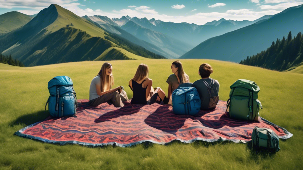 A group of friends joyfully relaxing on a Matador Pocket Blanket, spread out on a lush green meadow overlooking a scenic mountain range, with backpacks and hiking gear beside them, under a clear blue sky.