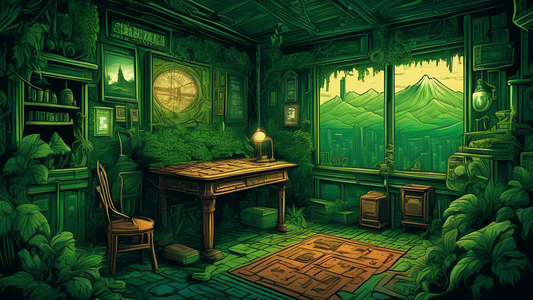 An intricate escape room set in a dimly lit, mysterious atmosphere, with puzzles and clues inspired by Seattle's landmarks, surrounded by the lush, green environment of the Emerald City.