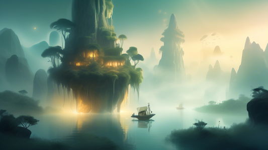 An ancient, mysterious realm filled with floating islands and fantastical creatures, shrouded in thick mist and glowing with ethereal light, as the first explorer sets foot on its untouched land.