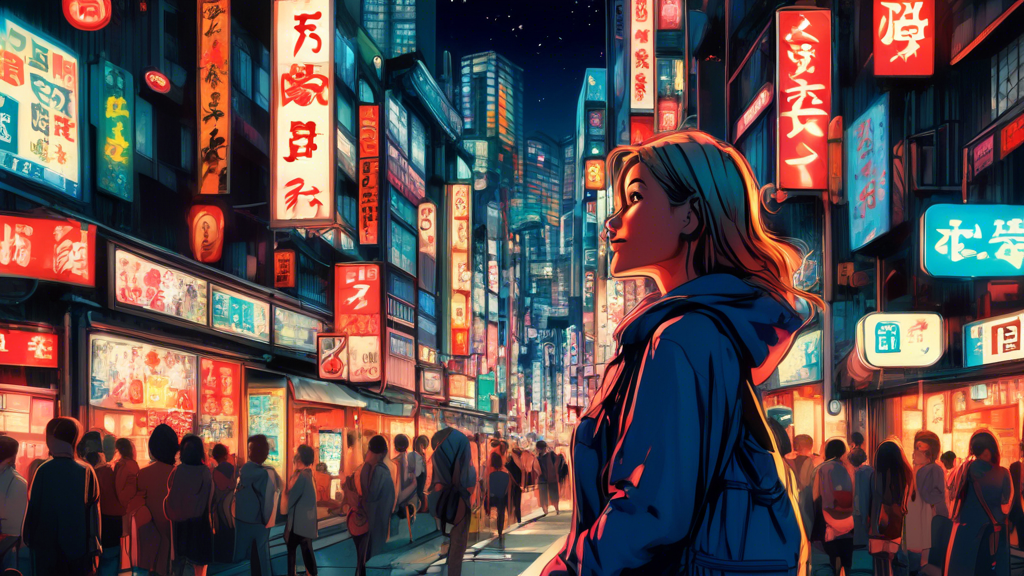 An American female tourist safely exploring the illuminated streets of Tokyo at night, admiring the vibrant signs and bustling city life.