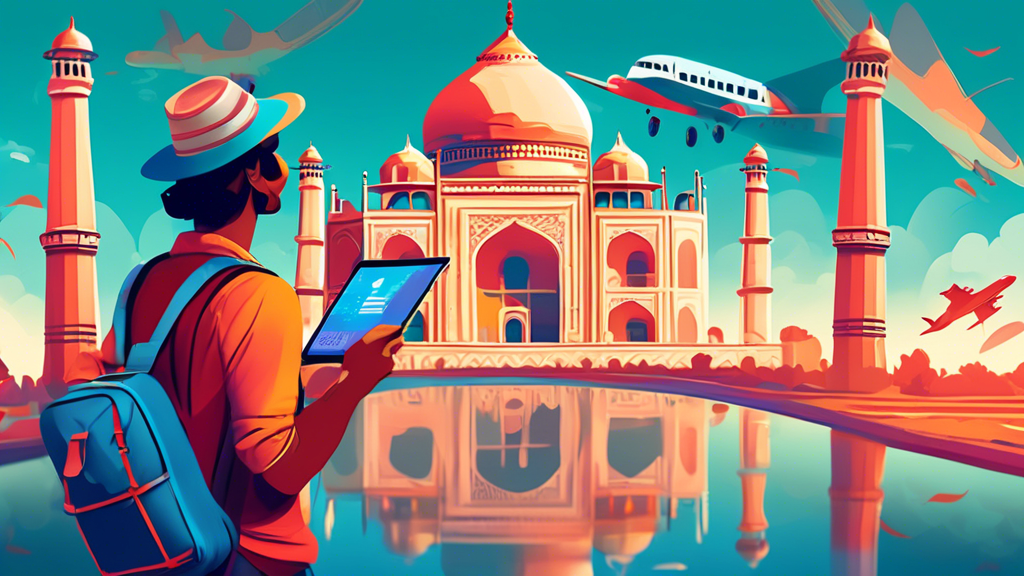 A vibrant digital illustration of a traveler holding an e-Visa looking in awe at the Taj Mahal, iconic landmarks of India, and a plane flying overhead, symbolizing ease of travel.