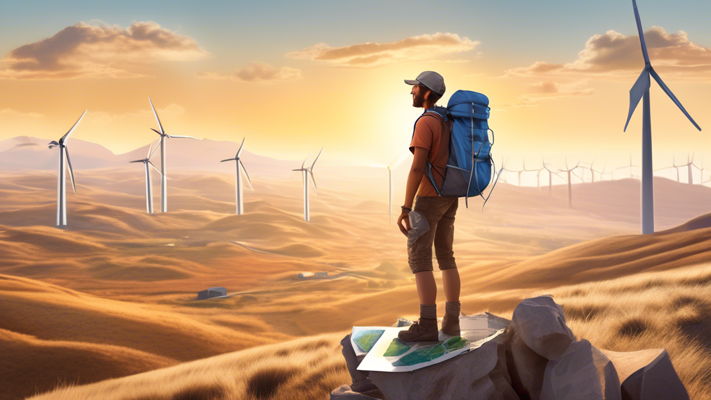 ## DALL-E Prompt:

A photorealistic image of a traveler with a backpack standing on a mountaintop overlooking a vast landscape with wind turbines and solar panels in the distance. The traveler is hold