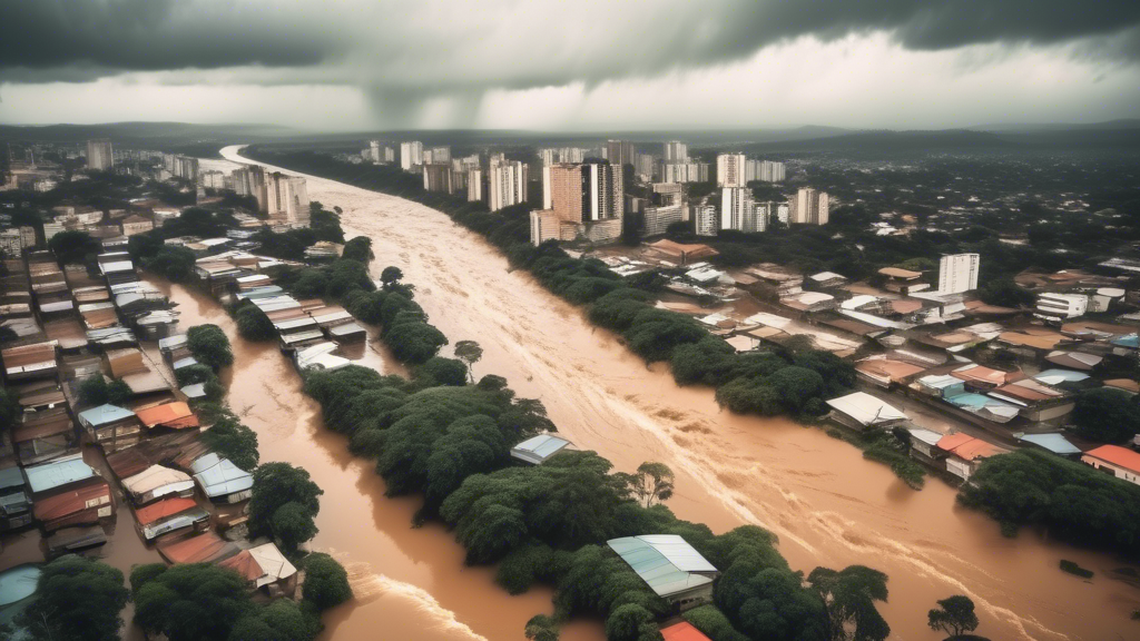 A flooded Rio Grande do Sul cityscape with overflowing rivers, heavy rainfall, and deforestation in the background.