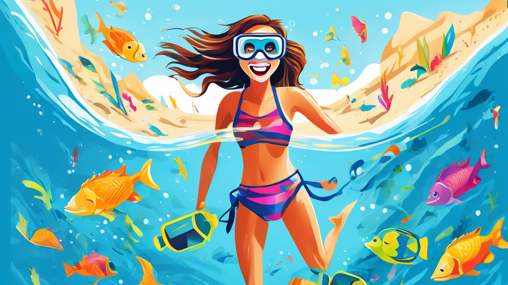 A vibrant illustration of an excited beginner snorkeler wearing new snorkeling gear, including a snorkel, mask, and fins, standing on a beautiful sandy beach with clear blue water and colorful fish swimming nearby.