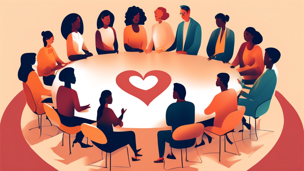 An artistic illustration symbolizing respectful and inclusive communication in a multicultural workplace, with a diverse group of people engaging in positive dialogue around a round table under a light that casts a heart-shaped shadow.