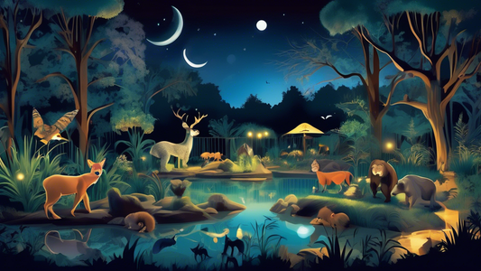 An enchanting view of Woodland Park Zoo at night, beautifully illuminated, with various nocturnal animals actively exploring their habitats under the moonlight.