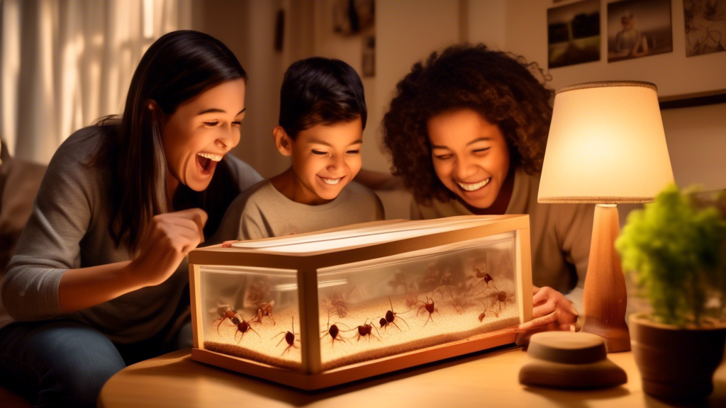 An excited family carefully setting up a new ant farm at home, with an illustrated step-by-step guide book in the background, in a warmly lit, cozy room.