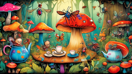 A whimsical children's book illustration of friendly bugs and spiders having a tea party amongst giant colorful mushrooms in a forest.