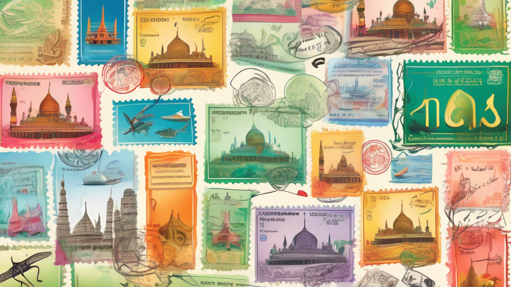 A Pakistani passport surrounded by colorful stamps and landmarks from Malaysia, Thailand, and Indonesia.