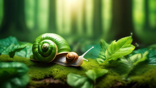 An enchanting, serene forest with snails meditating on vibrant green leaves, embodying peace and mindfulness amidst a magical, tranquil morning sunlight.